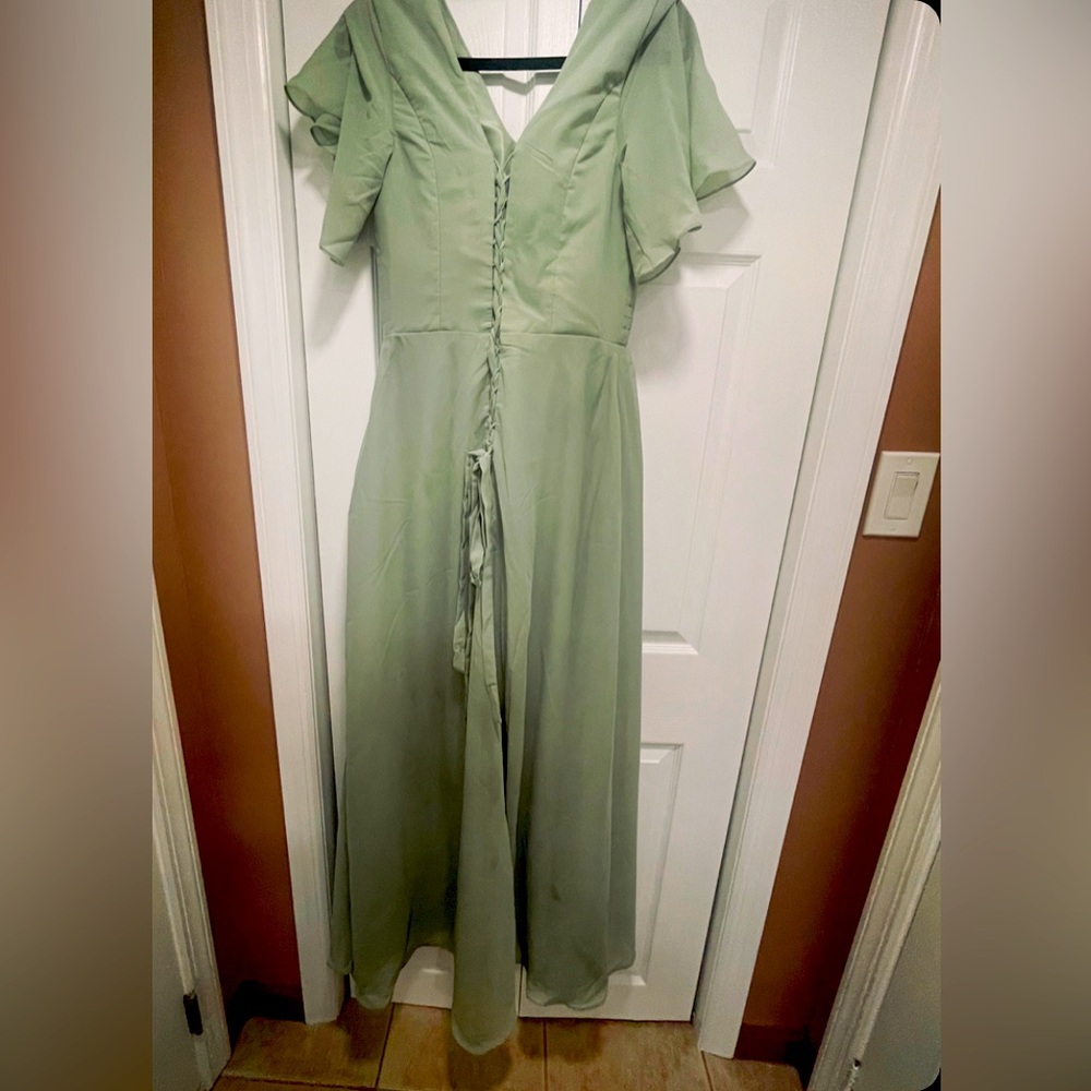 NEW A-Line Chiffon Bridesmaid Dress (sage) - Picture 3 of 4